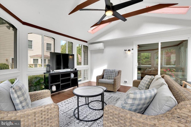 12649 Thunder Chase Dr, Reston, VA 20191 - living area with ceiling fan, a wall mounted AC, wood finished floors, healthy amount of natural light, and beam ceiling