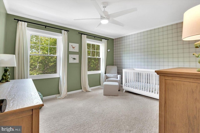 12649 Thunder Chase Dr, Reston, VA 20191 - carpeted bedroom with wallpapered walls, crown molding, baseboards, and ceiling fan