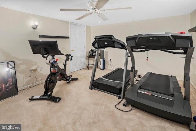 workout room with carpet floors, baseboards, and a ceiling fan