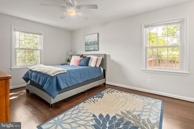 bedroom with baseboards, wood finished floors, and multiple windows