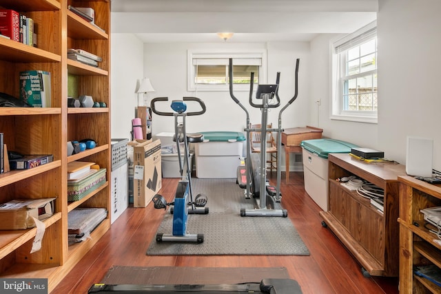 workout area with wood finished floors