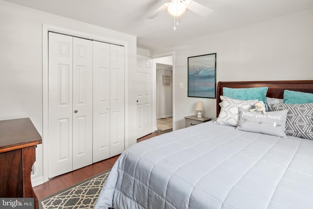 bedroom featuring a closet, ceiling fan, and wood finished floors
