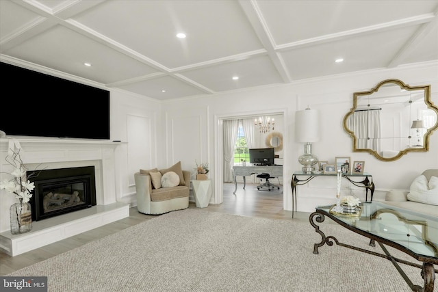 1071 Highland Rd, Newtown, PA 18940 - living area featuring coffered ceiling, wood finished floors, a premium fireplace, beamed ceiling, and an office area