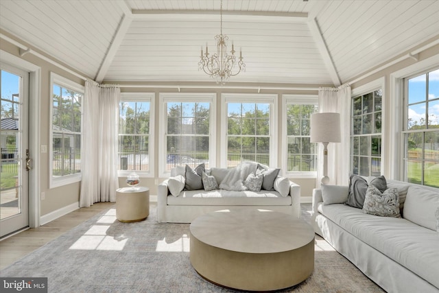 1071 Highland Rd, Newtown, PA 18940 - sunroom with wood finished floors, vaulted ceiling, a chandelier, wood ceiling, and baseboards