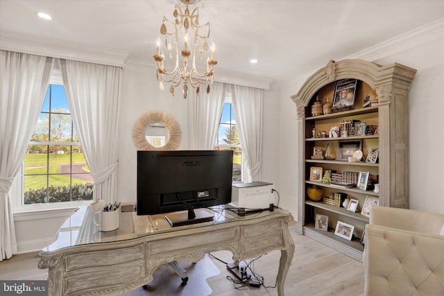1071 Highland Rd, Newtown, PA 18940 - office featuring plenty of natural light, light wood-style floors, crown molding, a chandelier, and recessed lighting
