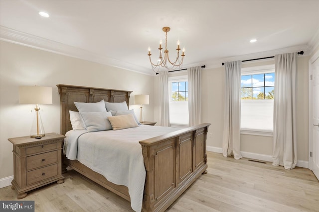 1071 Highland Rd, Newtown, PA 18940 - bedroom featuring ornamental molding, a chandelier, baseboards, light wood finished floors, and recessed lighting