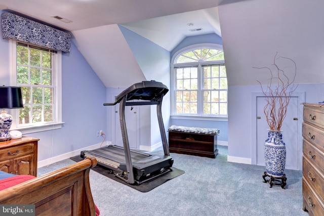 exercise area with visible vents, carpet flooring, baseboards, and vaulted ceiling