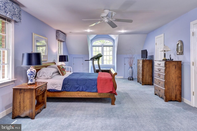 bedroom featuring carpet floors, baseboards, and ceiling fan