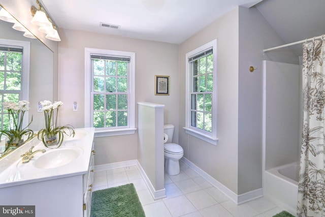 full bath featuring tile patterned flooring, vanity, toilet, baseboards, and visible vents