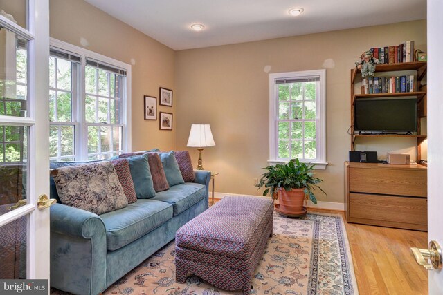 living room with baseboards, plenty of natural light, recessed lighting, and wood finished floors