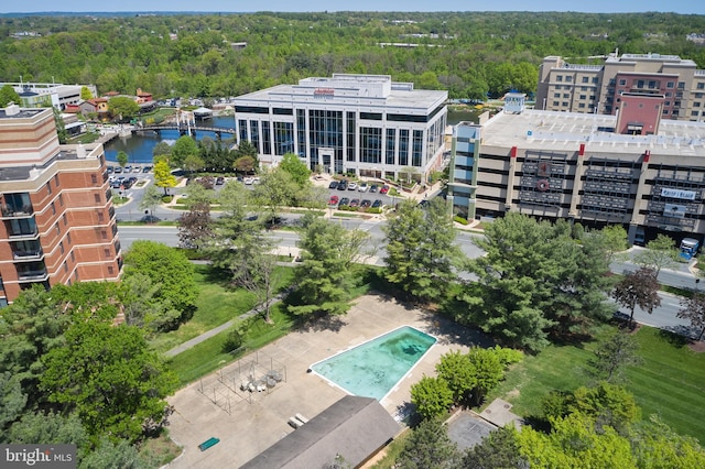 aerial view with a water view and a view of trees