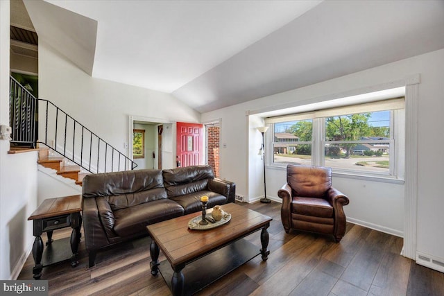 9 Biscayne Blvd, West Deptford, NJ 08096 - living room with stairway, baseboards, vaulted ceiling, and wood finished floors