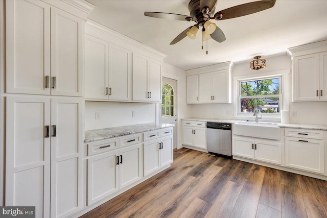 9 Biscayne Blvd, West Deptford, NJ 08096 - kitchen with a healthy amount of sunlight, ceiling fan, white cabinetry, and dishwasher