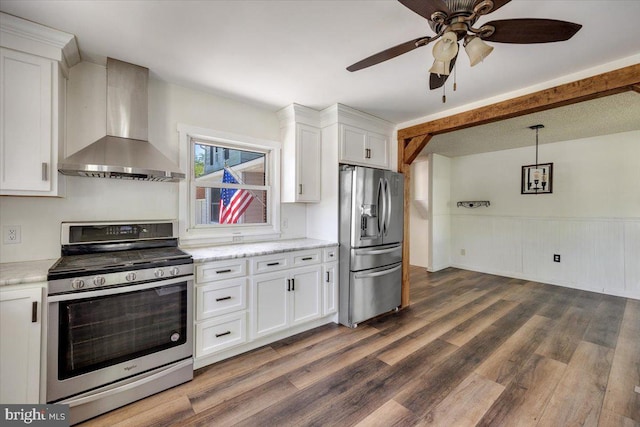 9 Biscayne Blvd, West Deptford, NJ 08096 - kitchen featuring dark wood-style flooring, white cabinets, wall chimney range hood, and stainless steel appliances