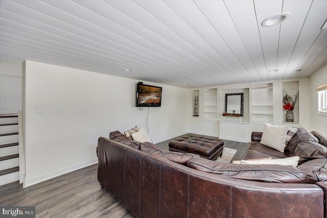 9 Biscayne Blvd, West Deptford, NJ 08096 - living room with wood ceiling, baseboards, built in features, and wood finished floors