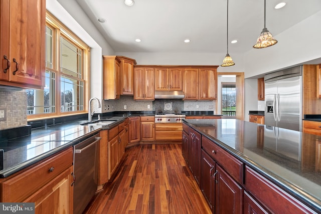 kitchen featuring stainless steel appliances, a sink, recessed lighting, dark wood finished floors, and under cabinet range hood