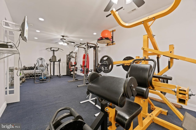 exercise room featuring a ceiling fan and recessed lighting