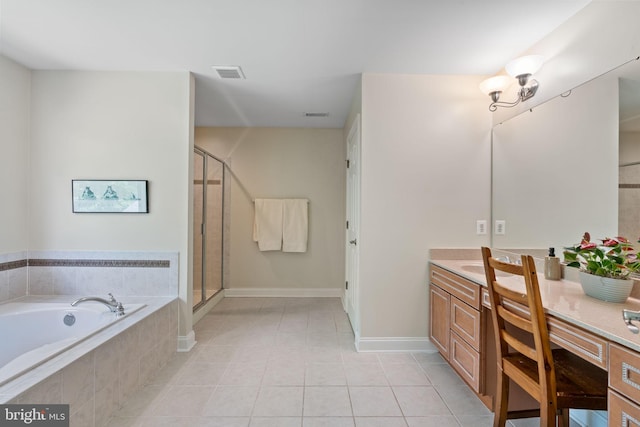 22982 Sheffield Ct, Hollywood, MD 20636 - bathroom with vanity, tile patterned floors, a shower stall, a garden tub, and baseboards