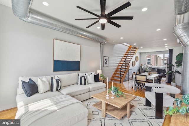 1211 Annin St, Philadelphia, PA 19147 - living area with light wood-type flooring, recessed lighting, baseboards, and ceiling fan