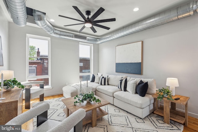 1211 Annin St, Philadelphia, PA 19147 - living room with a ceiling fan, light wood-style flooring, recessed lighting, baseboards, and visible vents