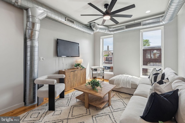 1211 Annin St, Philadelphia, PA 19147 - living room featuring baseboards, ceiling fan, visible vents, and wood finished floors
