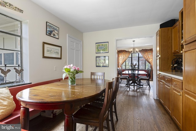 dining room with dark wood-style flooring and a chandelier