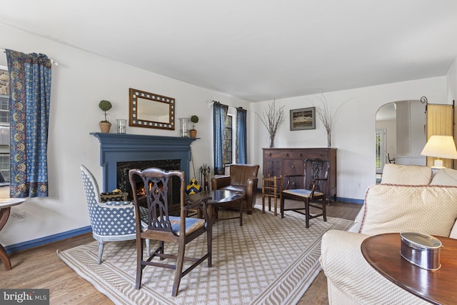 living room with a high end fireplace, arched walkways, wood finished floors, baseboards, and a wealth of natural light