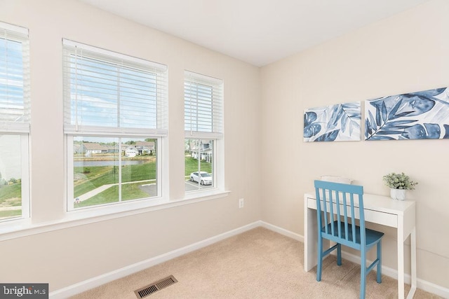 39348 Owls Nest Ln, Millville, DE 19967 - home office with visible vents, baseboards, carpet floors, and a water view