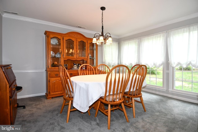 3505 Fox Ridge Rd, Waldorf, MD 20601 - dining space featuring crown molding, a chandelier, dark carpet, and baseboards