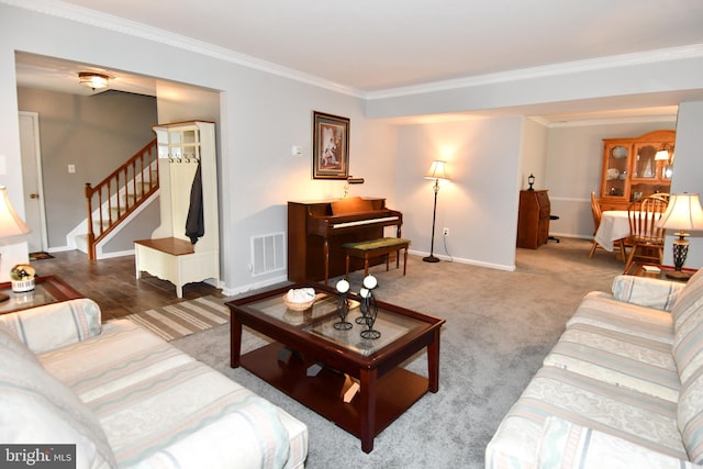 3505 Fox Ridge Rd, Waldorf, MD 20601 - living room with stairs, ornamental molding, and baseboards