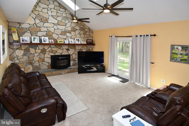 3505 Fox Ridge Rd, Waldorf, MD 20601 - carpeted living area featuring ceiling fan, baseboards, high vaulted ceiling, and a wood stove