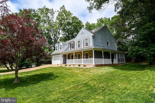3505 Fox Ridge Rd, Waldorf, MD 20601 - view of front of property with a porch, an attached garage, a front lawn, driveway, and stone siding