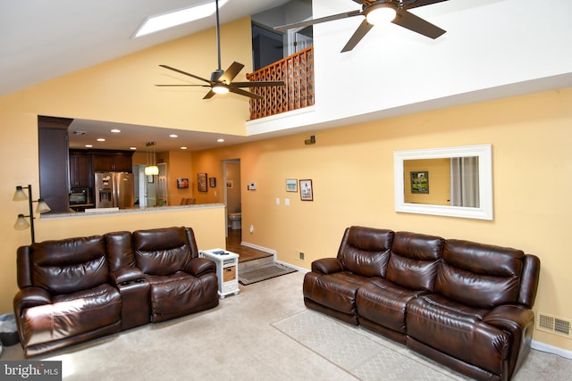 3505 Fox Ridge Rd, Waldorf, MD 20601 - living area featuring ceiling fan, light colored carpet, high vaulted ceiling, baseboards, and recessed lighting