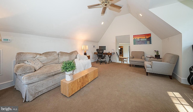 701 Argyle Rd, Wynnewood, PA 19096 - carpeted living area featuring an office area, ceiling fan, lofted ceiling, and baseboards