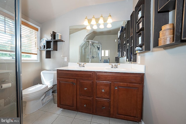 701 Argyle Rd, Wynnewood, PA 19096 - bathroom featuring tile patterned flooring, double vanity, a stall shower, toilet, and vaulted ceiling