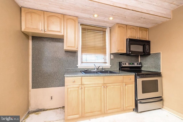 kitchen featuring a sink, light brown cabinetry, black microwave, wooden ceiling, and electric stove