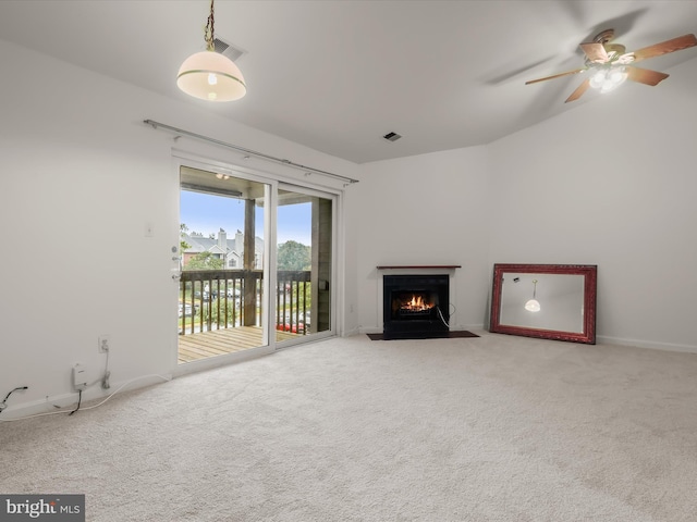6605 Rapid Water Way Unit 301, Glen Burnie, MD 21060 - unfurnished living room featuring carpet, baseboards, ceiling fan, and lofted ceiling