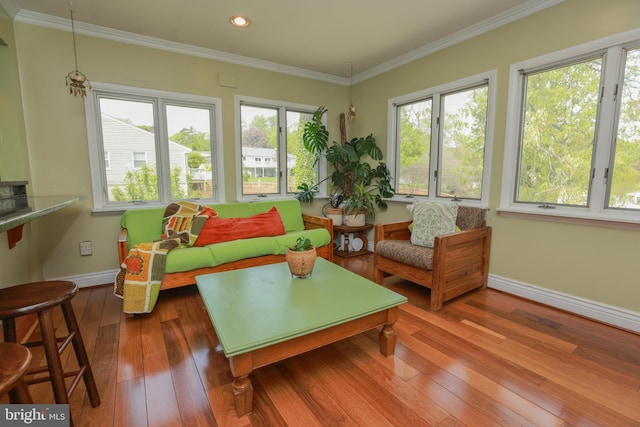 interior space featuring recessed lighting, baseboards, ornamental molding, and hardwood / wood-style flooring