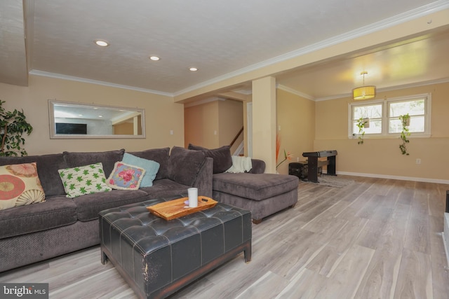 living area featuring crown molding, baseboards, stairway, recessed lighting, and light wood-style flooring