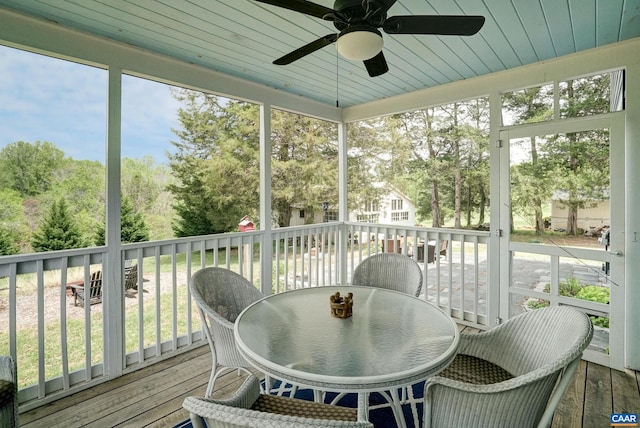 sunroom / solarium featuring plenty of natural light, outdoor dining area, and ceiling fan