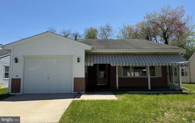 ranch-style house with driveway, roof with shingles, a garage, brick siding, and a front lawn