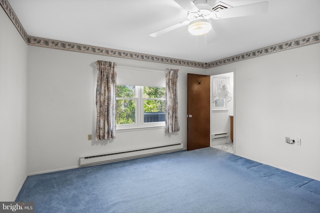 empty room featuring a ceiling fan, a baseboard heating unit, carpet, and a baseboard radiator