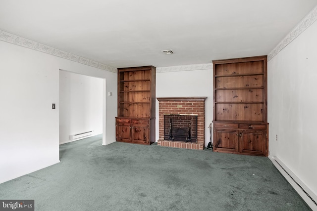 unfurnished living room featuring carpet flooring, a baseboard heating unit, and visible vents