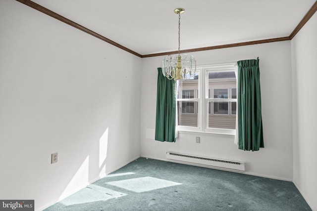 unfurnished dining area with carpet flooring, crown molding, baseboard heating, a chandelier, and baseboards