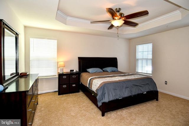 1037 Agricopia Dr, La Plata, MD 20646 - bedroom with ornamental molding, a raised ceiling, light colored carpet, baseboards, and a ceiling fan