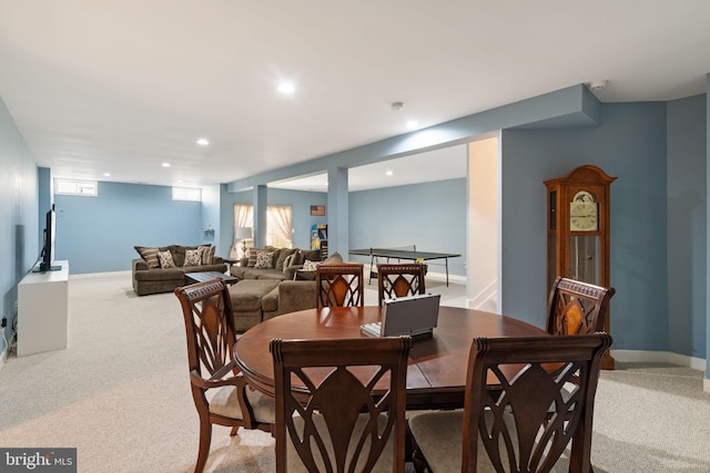 dining area featuring baseboards, carpet, and recessed lighting