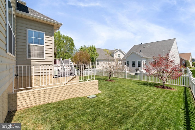 view of yard featuring a fenced backyard and a residential view