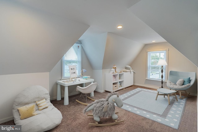25 E High St, Felton, DE 19943 - sitting room featuring carpet flooring, vaulted ceiling, and recessed lighting