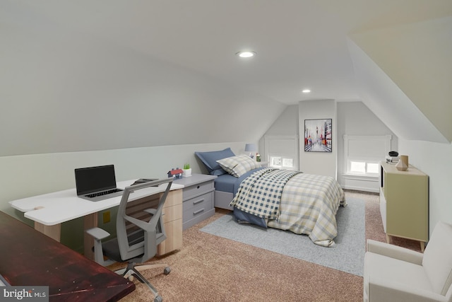 25 E High St, Felton, DE 19943 - bedroom with light colored carpet, vaulted ceiling, an office area, and recessed lighting