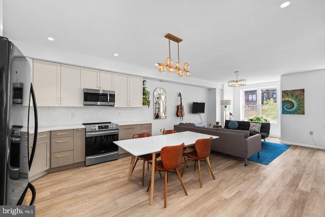kitchen featuring stainless steel appliances, tasteful backsplash, light wood-type flooring, hanging light fixtures, and recessed lighting